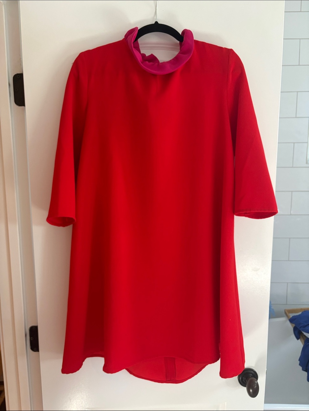 Pomander Place Red Shift Dress with Pink Collar